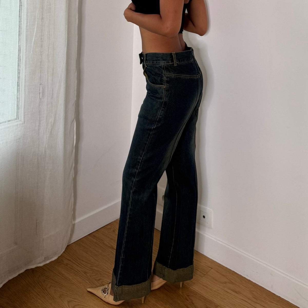 Euro vintage Y2K dark blue faded wash denim jeans with contrast stitching, flared legs & wide cuffs