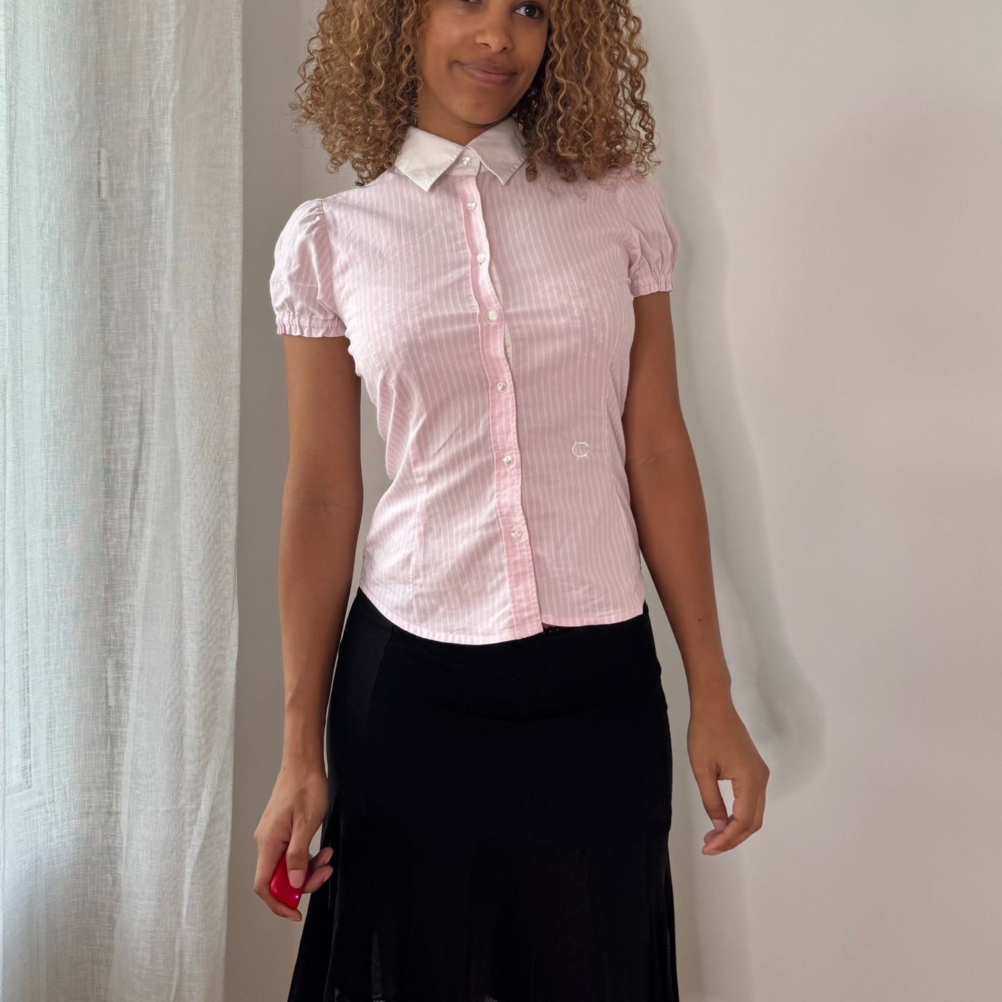 Vintage Pink White Striped Puff Sleeve Blouse Y2K (S)