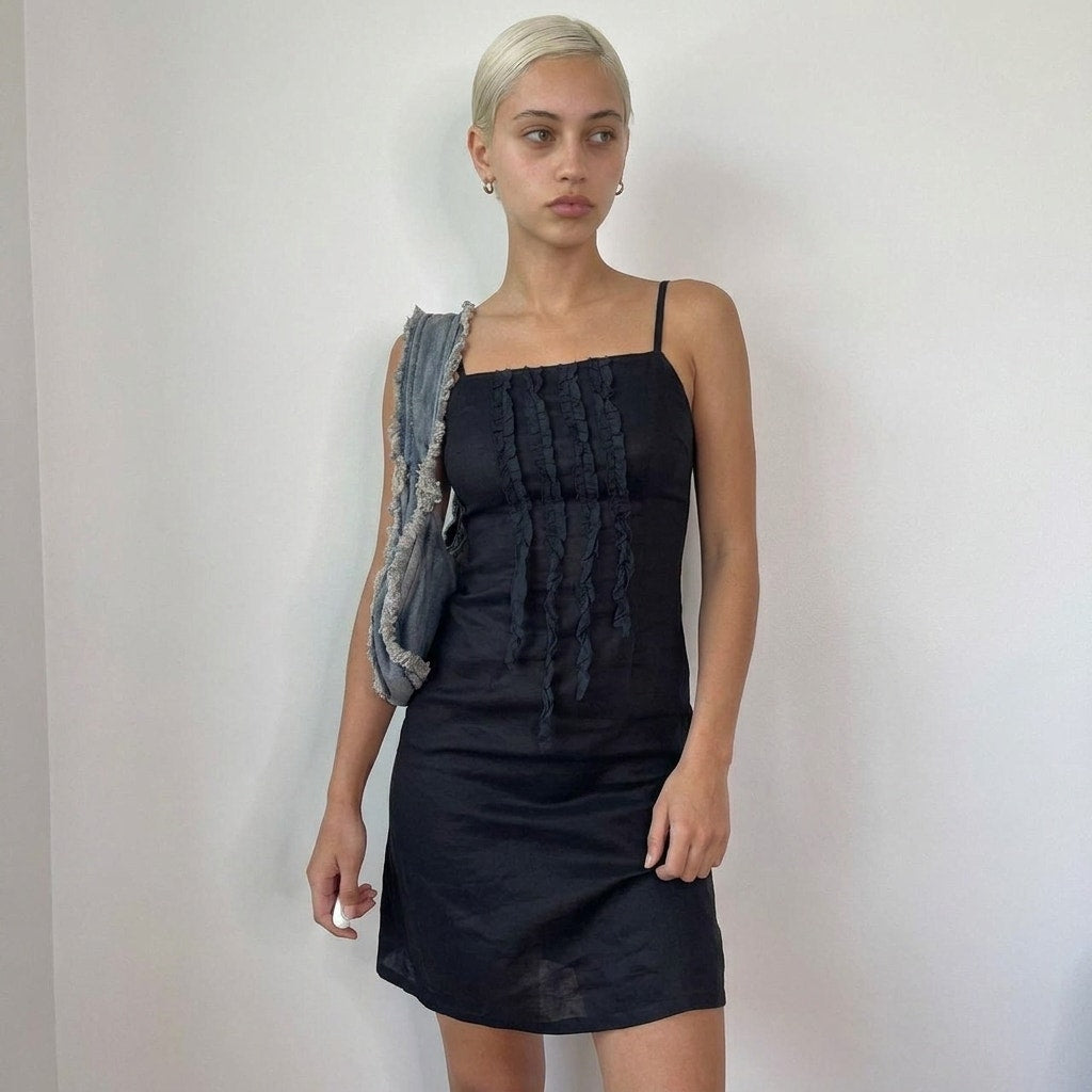 Vintage Black Ruffle Mini Dress (XS)