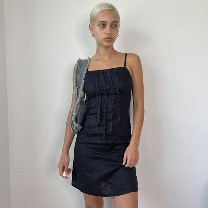 Vintage Black Ruffle Mini Dress (XS)