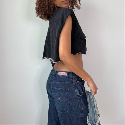 Vintage Levi’s Black Denim Cropped Shirt Asymmetrical Distressed Y2K Top (S)