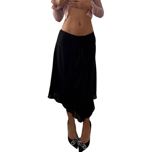 Vintage Black Mesh Midi Skirt Lace Up Waistband Y2K French (S)