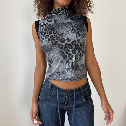 French Vintage Slinky Leopard Shimmer Mock-Neck Top (S/M)