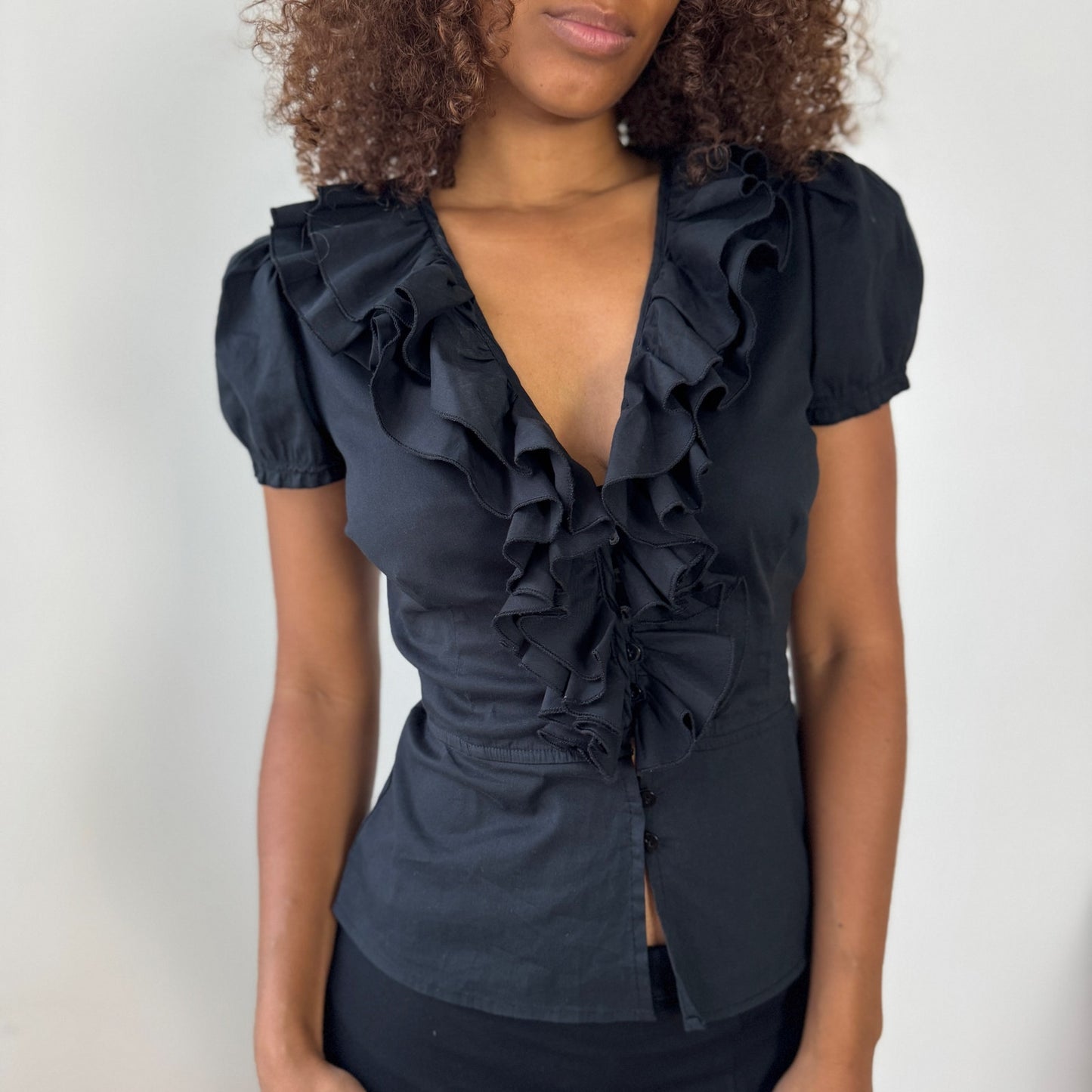 Vintage Italian Ruffle Front Button-Up Blouse (XS/S)