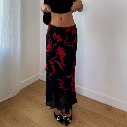 Vintage Y2K Black Red Floral Mesh Midi Skirt with Sheer Ruffle Hem Made in Italy (S) ⠀