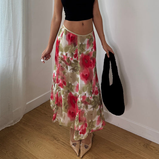 Vintage Pink Red Floral Sheer Maxi Skirt Watercolor Mesh Y2K Skirt (S/M)
