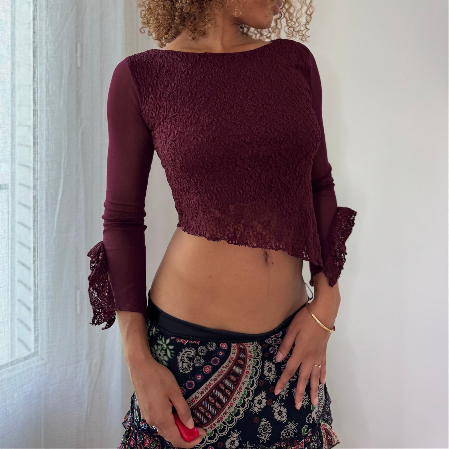 Vintage Burgundy Sheer Lace Mesh Crop Top Bell Sleeve Italian Y2K (S)