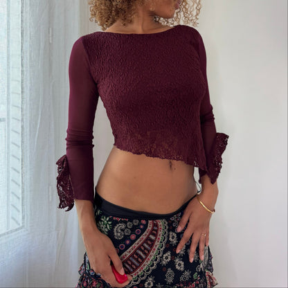 Vintage Burgundy Sheer Lace Mesh Crop Top Bell Sleeve Italian Y2K (S)
