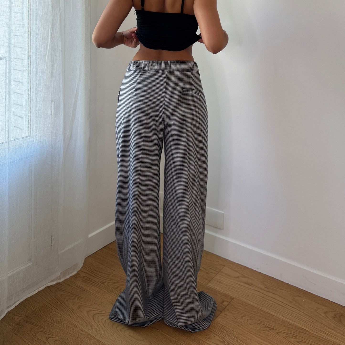 Vintage Blue White Houndstooth Wide Leg Trousers Mid Rise Italy Y2K (S)
