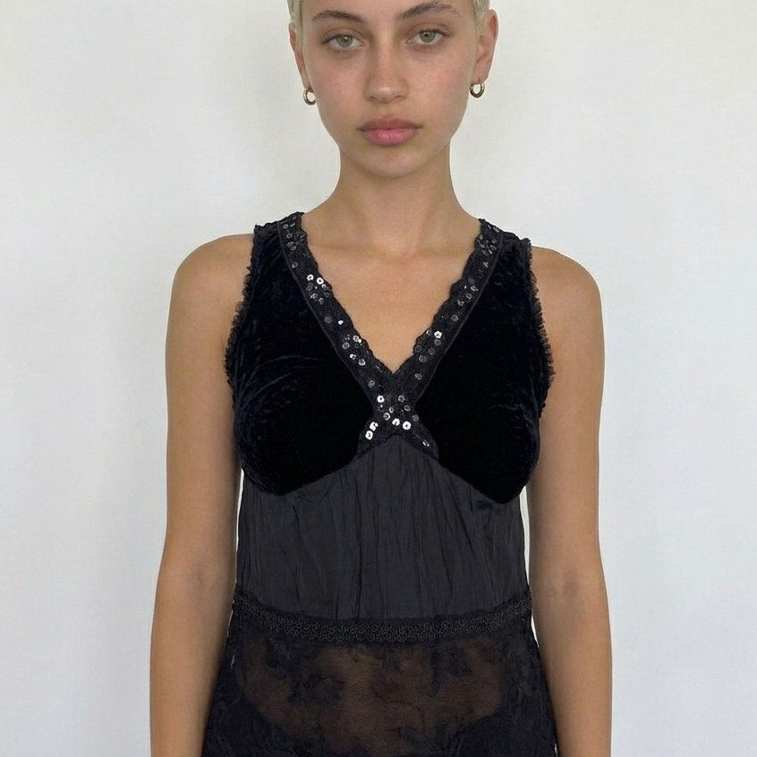 Vintage Euro Black Velvet Sequin Lace Top (XS)