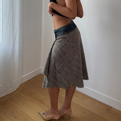 Vintage Tan Tweed Denim Waistband Midi Skirt Y2K French Wool Silk (S)