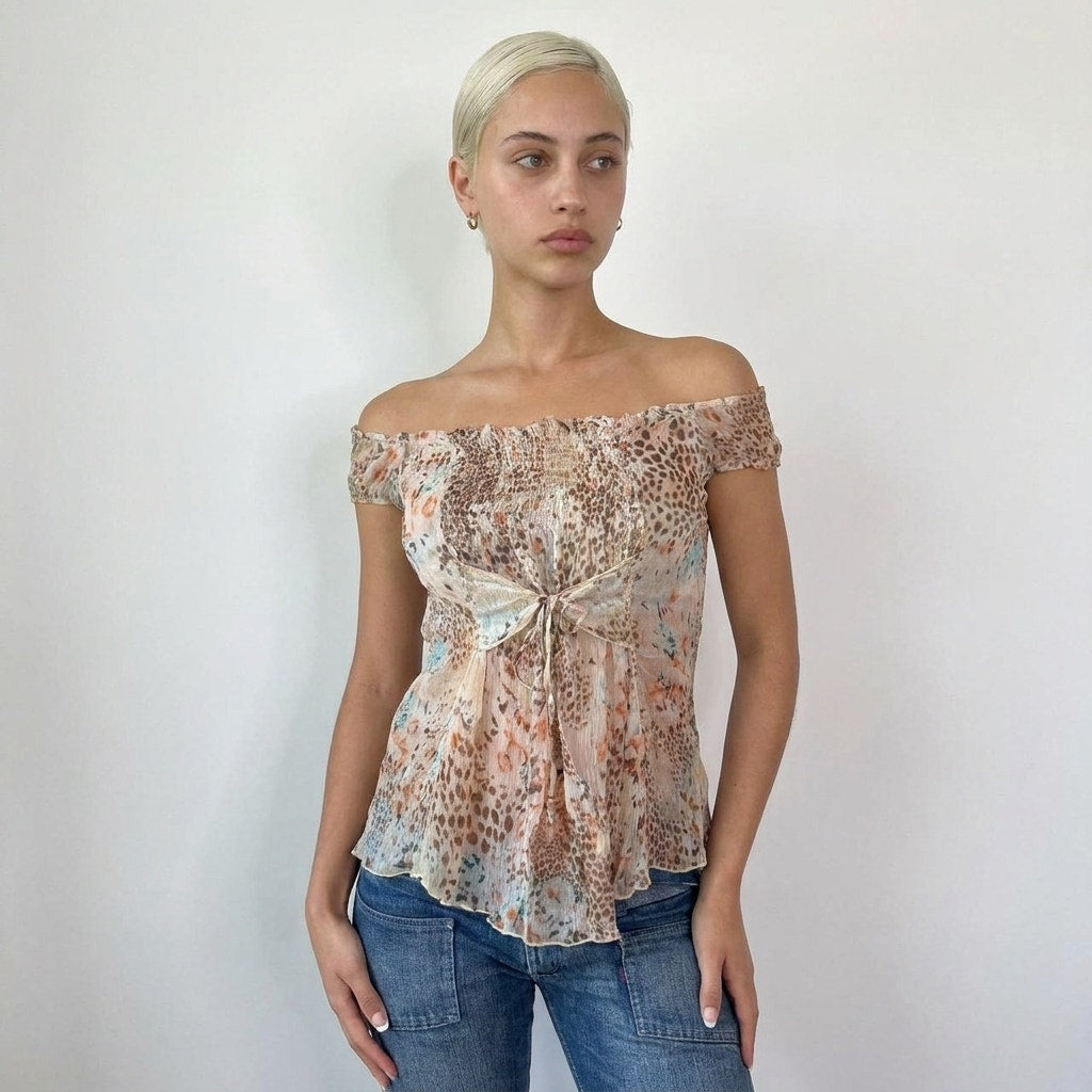 Vintage Fairy Grunge Silk Mesh Top Floral Leopard Italian Y2K (M)