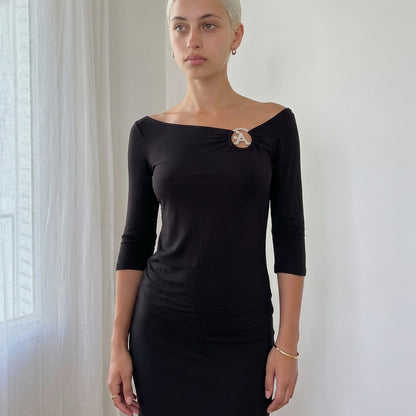 Vintage Black Off Shoulder Buckle Top Slinky Y2K (S/M)