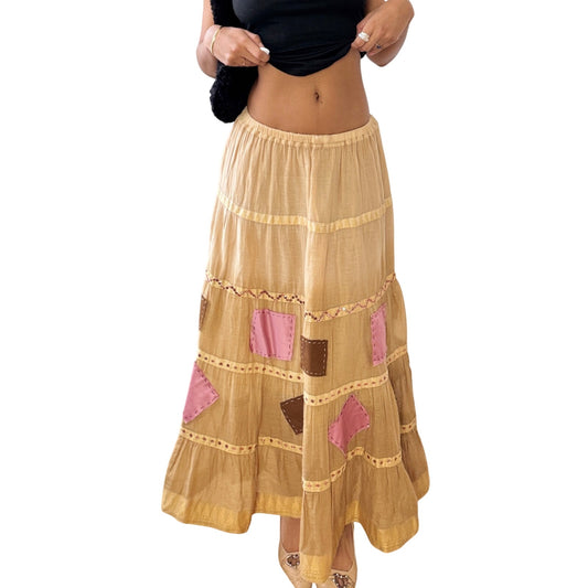 Vintage Euro Patchwork Tiered Maxi Skirt Beige Pink Boho (S)