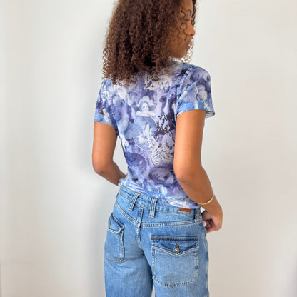 Italian Vintage Semi-Sheer Mesh Renaissance Print Baby Tee (Small/Medium)