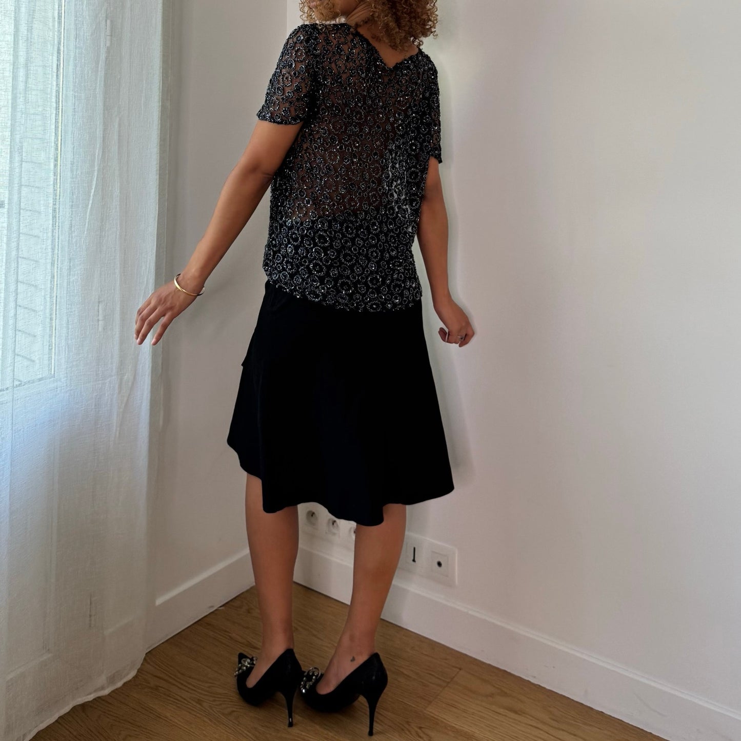 Vintage Black Beaded Mesh Top Sheer Floral Sequin Y2K (S/M)