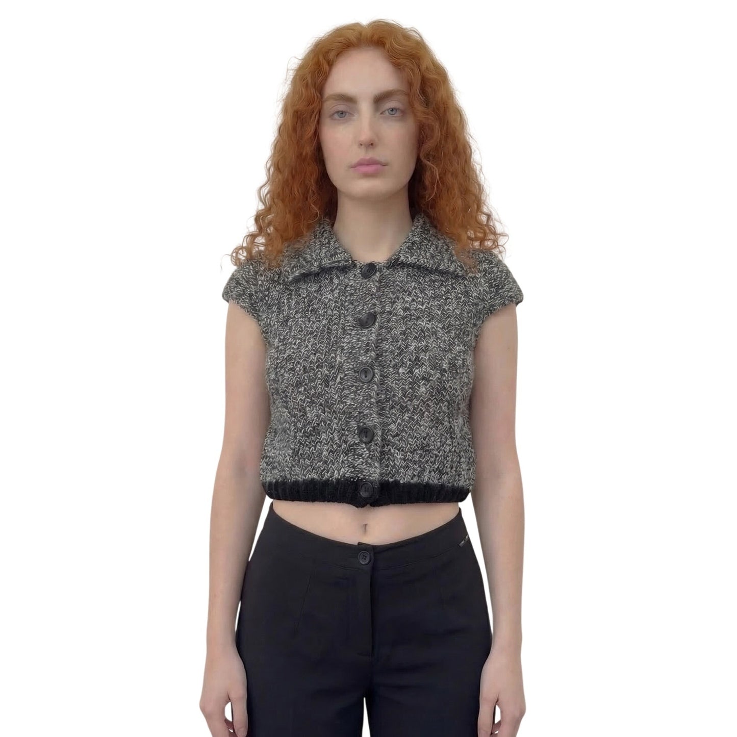 Vintage Italian grey marled knit slouchy short sleeve cardigan with button front (S)