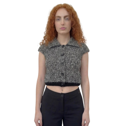 Vintage Italian grey marled knit slouchy short sleeve cardigan with button front (S)