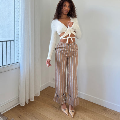 Vintage Italian tan striped high-waisted trousers with shimmer detail (XS)