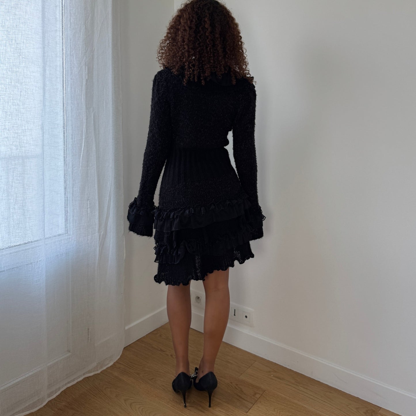 Vintage Euro black ruffled knit maxi cardigan dress with button front (M)