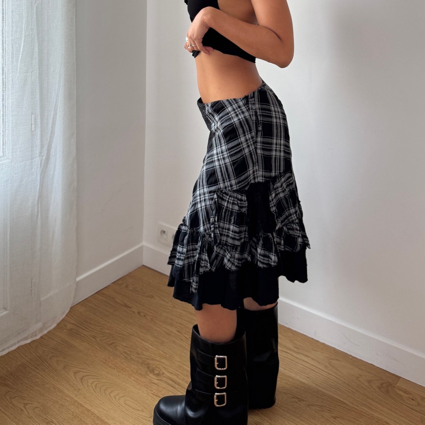 Vintage Plaid Lace Panel Midi Skirt (S)