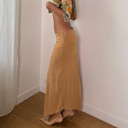 Italian vintage camel brown low-rise maxi skirt with asymmetric hem