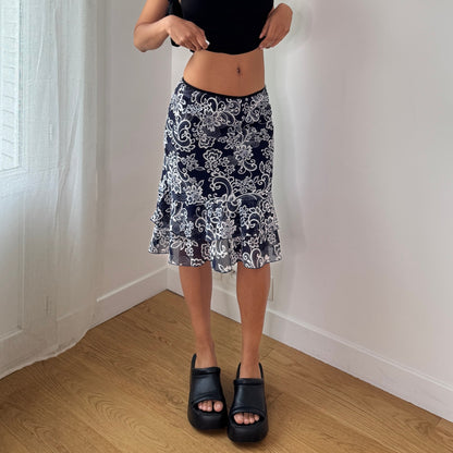 Vintage Navy Paisley Mesh Midi Skirt Y2K Ruffle Hem Skirt (XS/S) ⠀