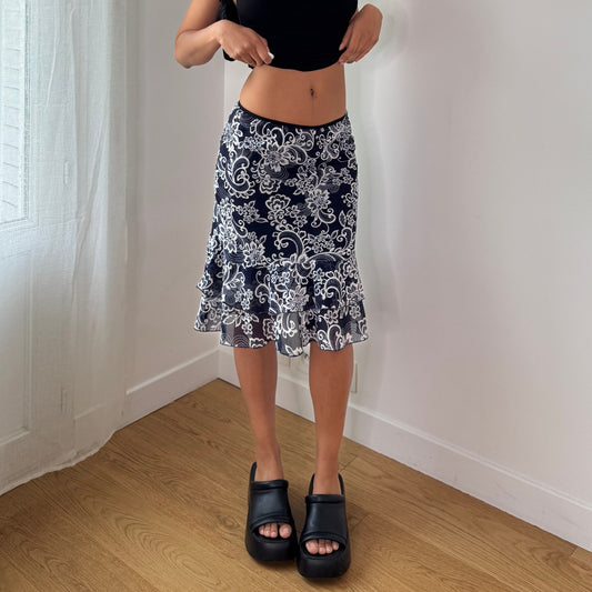 Vintage Navy Paisley Mesh Midi Skirt Y2K Ruffle Hem Skirt (XS/S) ⠀