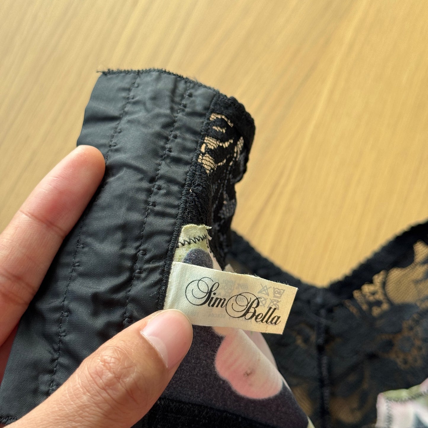 Vintage 90s Italian Black Floral Bustier Crop Top with Lace Trim (S, C cup)