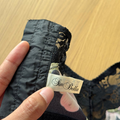 Vintage 90s Italian Black Floral Bustier Crop Top with Lace Trim (S, C cup)