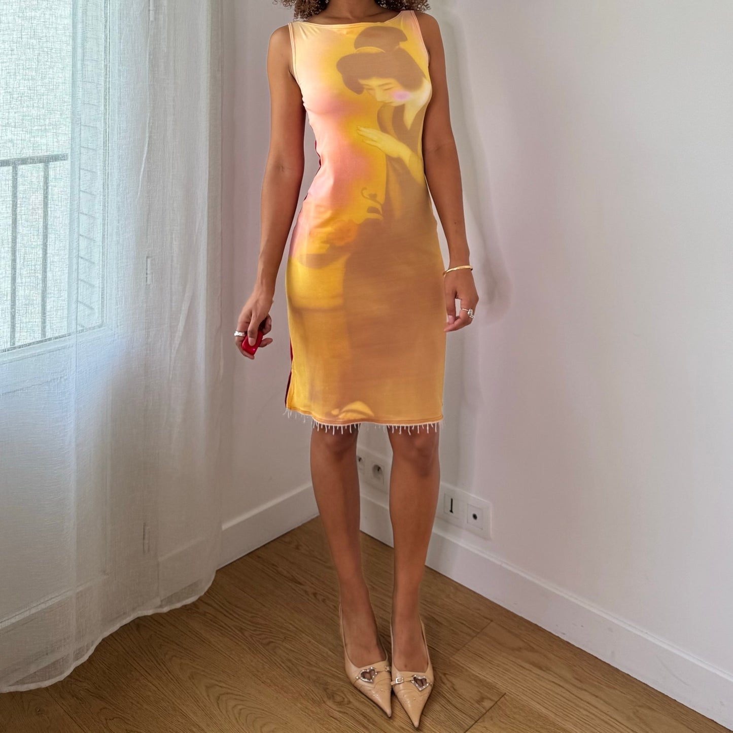 Vintage Yellow Orange Red Geisha Graphic Beaded Slinky Midi Dress Italian Y2K (S)