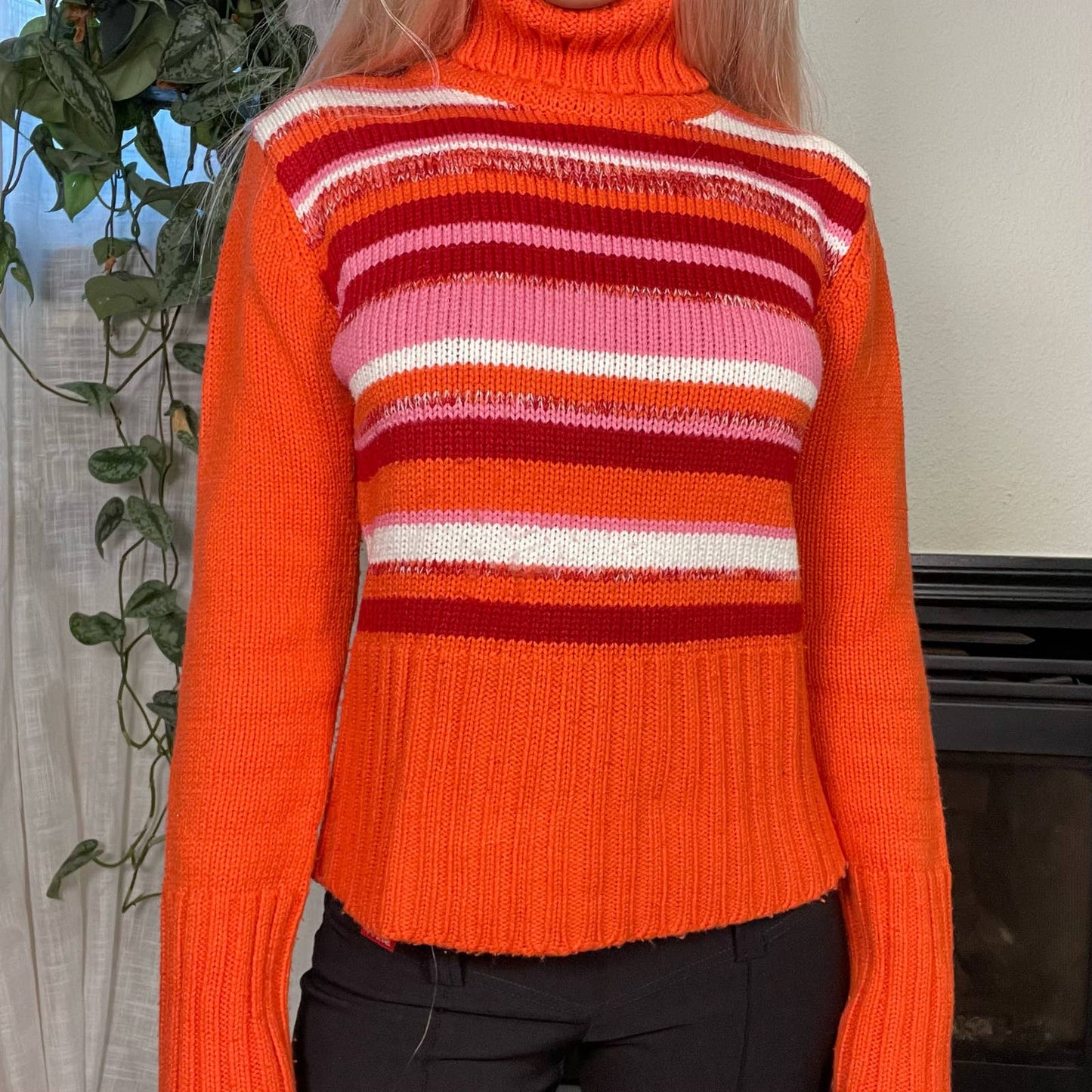 Vintage 2000s Orange & Pink Striped Knit Sweater (XS-L)