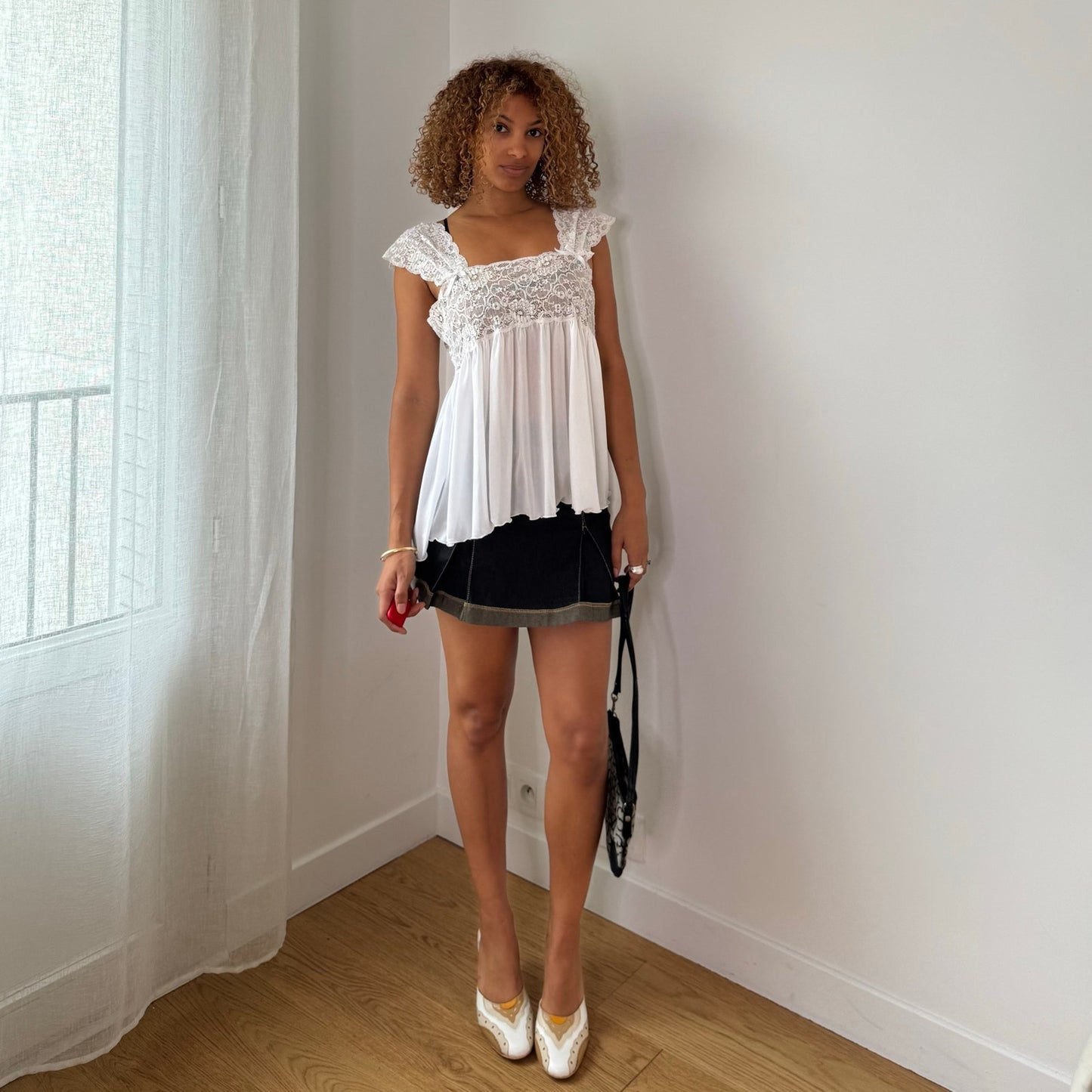 Vintage White Lace Babydoll Top Cap Sleeve Empire Waist Italian Y2K (S)