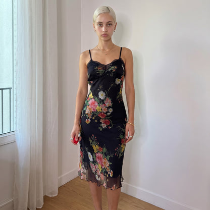 Vintage Black 100% Silk Floral Lace Midi Dress (S/M)