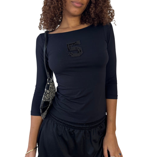 Vintage Euro black slinky asymmetric 3/4 sleeve top with sequin “5” patch (S)