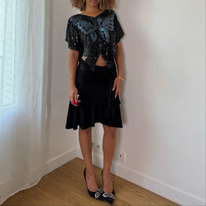 Vintage Black Silk Sequin Butterfly Top Beaded Sheer Evening Y2K (OS)