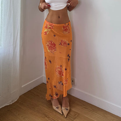 Vintage Orange Floral Mesh Maxi Skirt Sheer Double Layer Italian Y2K (S)