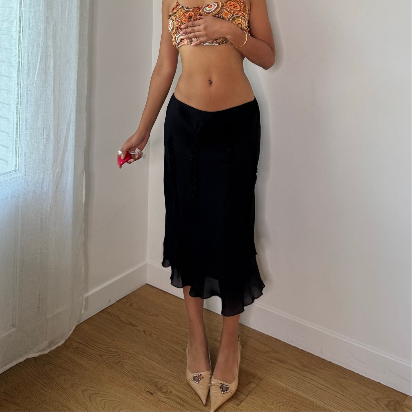 Vintage Black Mesh Midi Skirt Ruched Ribbon Detail Sheer Hem Italian Y2K (S)