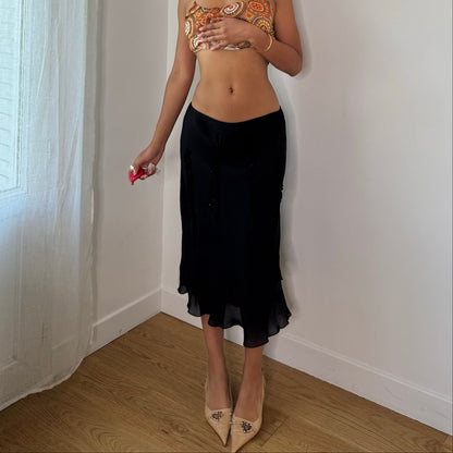Vintage Black Mesh Midi Skirt Ruched Ribbon Detail Sheer Hem Italian Y2K (S)