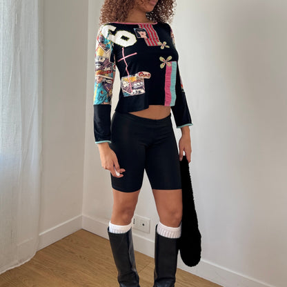 Vintage Derhy Patchwork Graphic Top Mixed Print Artsy Y2K (S)