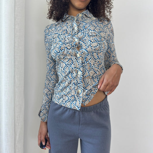 Vintage Italian Button-Up Mesh Blouse with Micro Dot Print (XS)