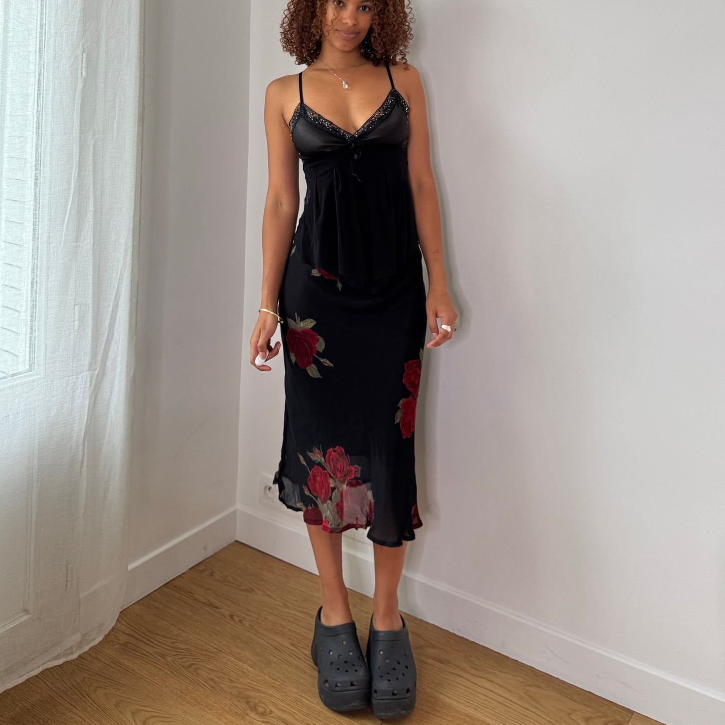 Vintage Black Satin Mesh Cami Top Beaded Lace Italy Y2K (S)