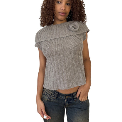 Vintage Italian tan ribbed mohair wool knit top with oversized fold over collar and rosette detail (S/M)