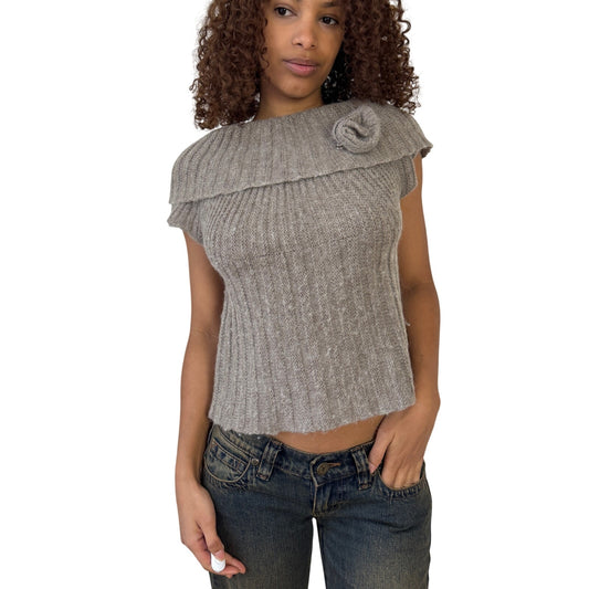 Vintage Italian tan ribbed mohair wool knit top with oversized fold over collar and rosette detail (S/M)