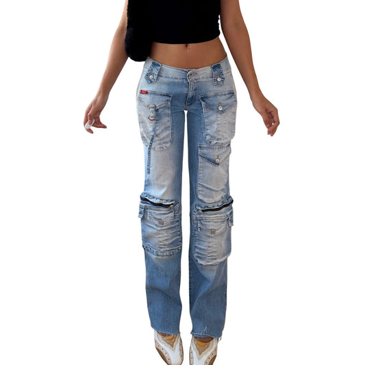 Vintage Light Wash Cargo Denim Jeans Multi Pocket Distressed Italy Y2K (S)
