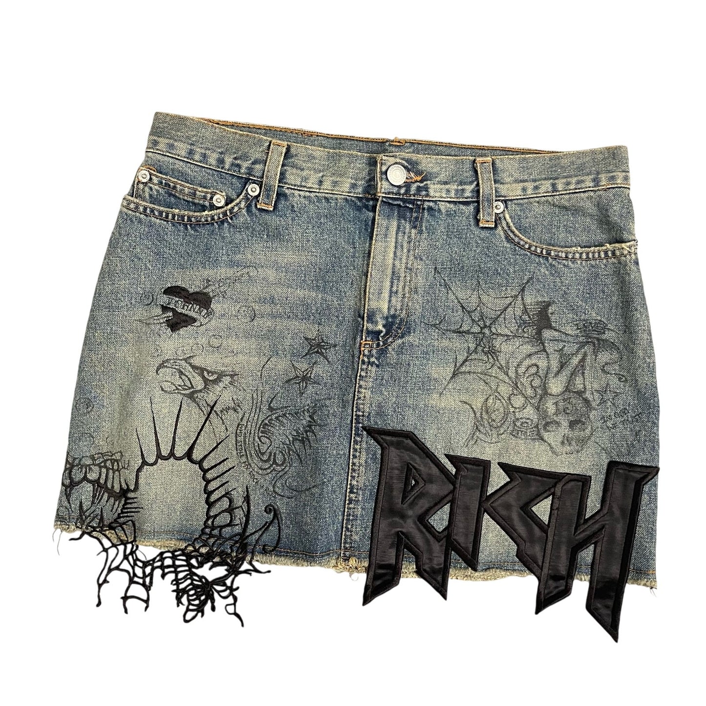 Richmond embellished mini denim skirt with script graphic (S)