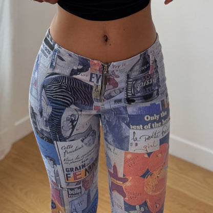 Vintage Blue Red Graphic Print Pants French Y2K Newspaper Collage (XS/S)