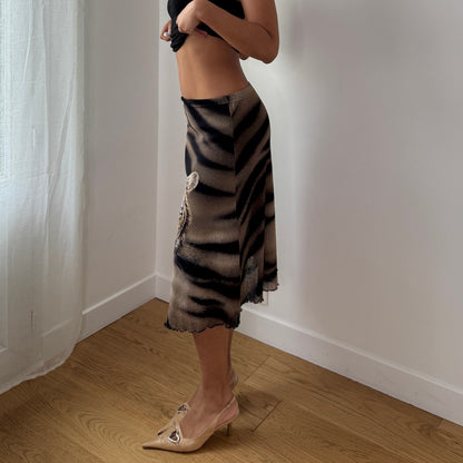 Vintage Brown Tiger Print Mesh Midi Skirt (S)