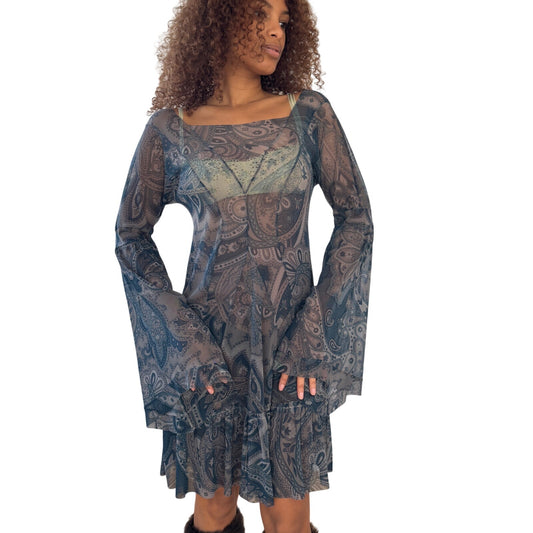 Vintage Italian Y2K Paisley Mesh Flare Sleeve Mini Dress (S/M)