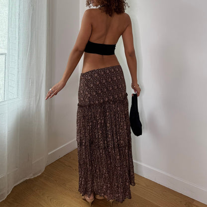 Vintage Brown Pink Floral Pleated Mesh Maxi Skirt Italian Y2K (M)